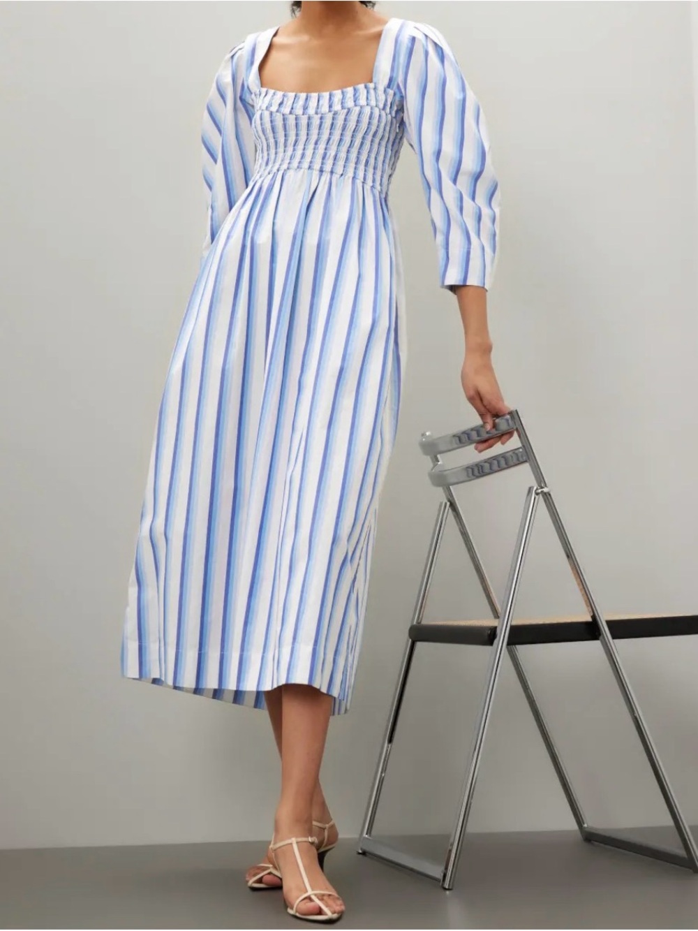 Ganni Blue Striped Smocked Midi Dress NWOT- Pockets!